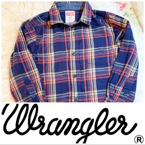 Wrangler boys button down dress shirt. Blue plaid